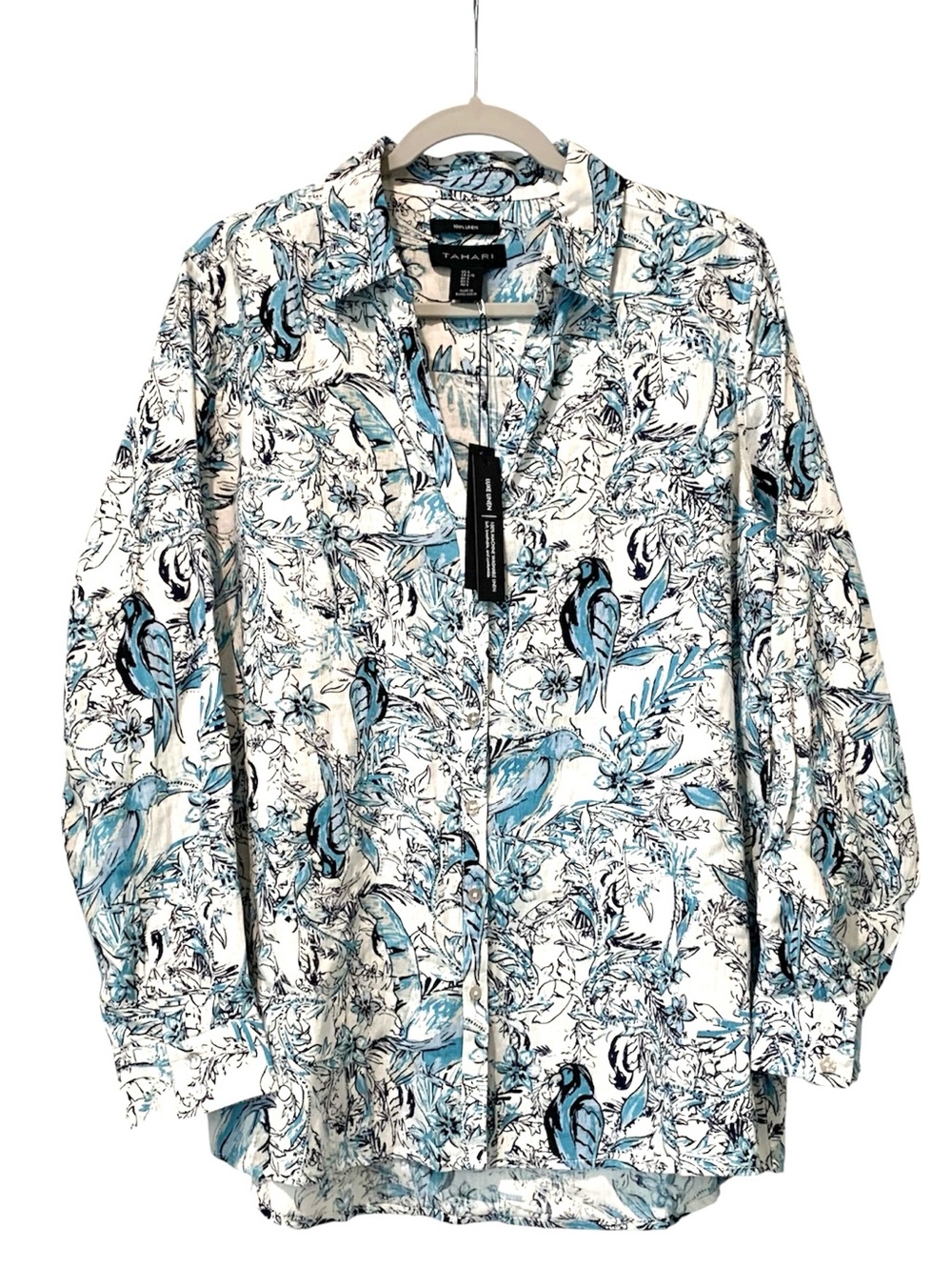 Tahari NWT 100% Linen Tunic Blue Floral Birds Button-Up Top Blouse Large L